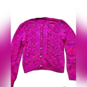 Handmade Knit Cardigan Sweater Hot Pink Colorful Jewel Tones
